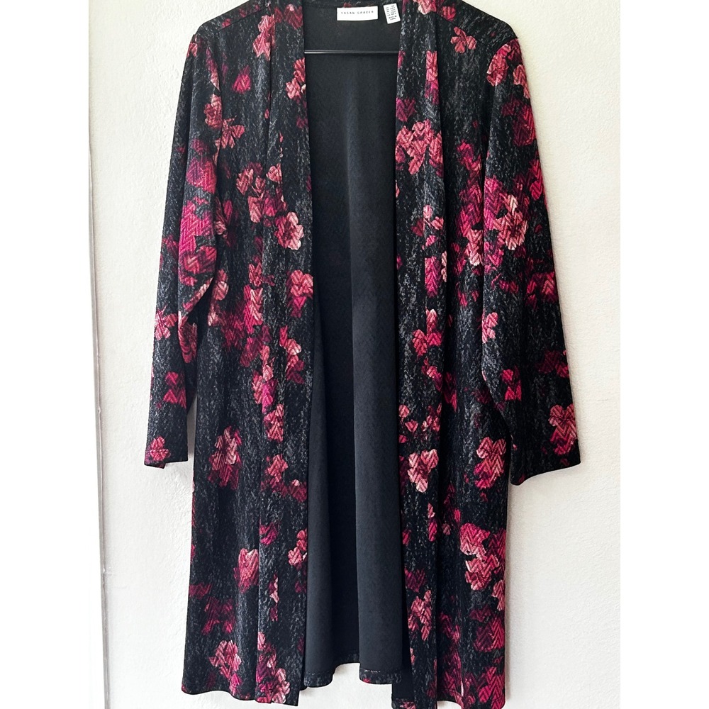 Susan Graver Womens 1XP Floral Duster Cardigan Black Pink Longline Open Front